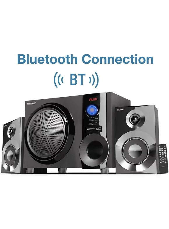 Boytone BT-225FB Wireless Bluetooth Stereo Audio Speaker Bookshelf System, Powerful Bass, Treble, Clear Sound, FM Radio, USB/SD/RCA Input, Output, for Phone's, Laptops, DVD Player, 60W