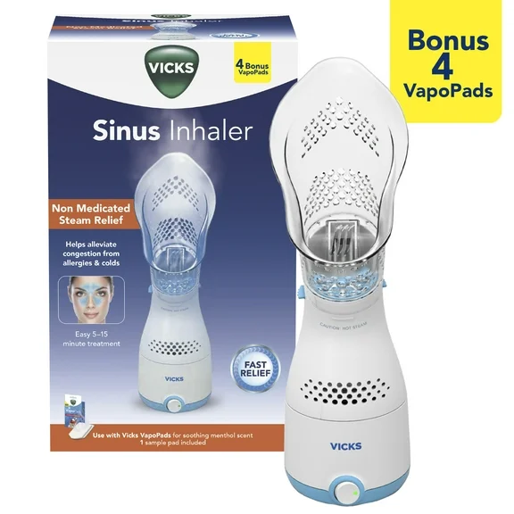 Vicks Non Medicated Steam Sinus Inhaler with 4 Bonus VapoPads, for Allergies and Colds, White, VIH200