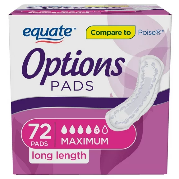 Equate Options Women's Incontinence Pads, Maximum Absorbency, Long Length (72 Count)