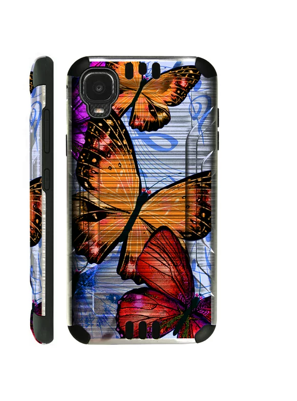Compatible with TCL A3 Brushed Metal Texture Hybrid Silver Guard Phone Case Cover (Orange Butterfly)