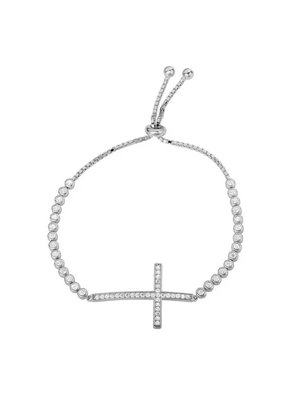 Tilo Jewelry .925 Sterling Silver Bezel-Set Cross Bracelet with Cubic Zirconia Stones | Adjustable | Women, Men, Unisex