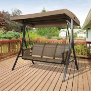 Ulax Furniture 3-seat Steel Frame Patio Porch Swing Outdoor Hammock Swing Glider Bench with Textilene Mesh Sling Seats and UV-Resistant Polyester Adjustable Canopy, Brown