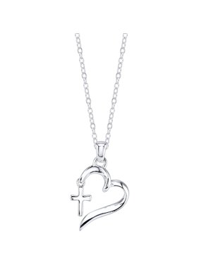 Little Luxuries Women's Sterling Silver "Faith Hope Love" Heart with Cross Necklace