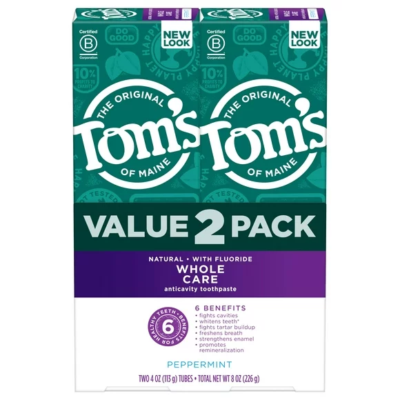 (2 Pack) Tom's of Maine Whole Care Natural Toothpaste with Fluoride, Peppermint, 4 oz