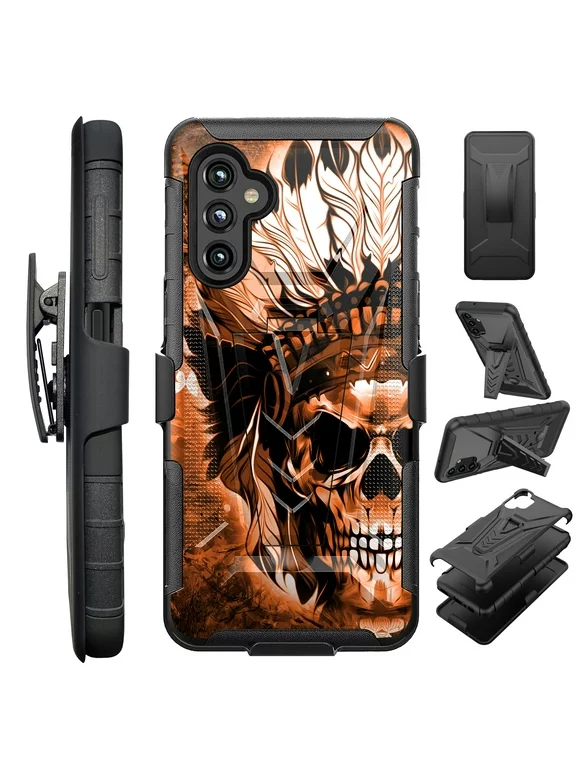 Compatible with Samsung Galaxy A14 5G; Hybrid Luxguard Holster Phone Case Cover (Orange Skull Chief)