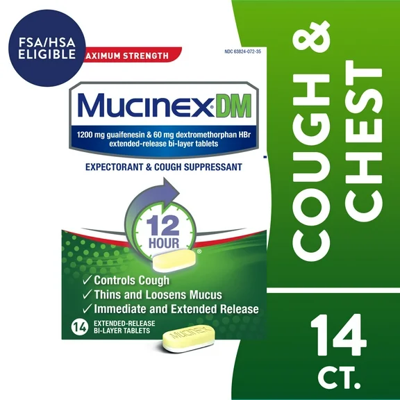 Mucinex 12 Hour Relief, DM Maximum Strength Cough Medicine, 14 Tablets
