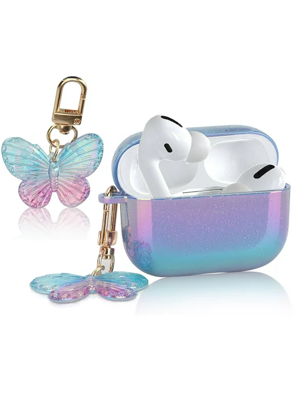 TSV Case Compatible with Airpods Pro, Gradient Glitter Case Cover with Butterfly Pendant, 360 Protective Stylish Bling Design Shockproof Earbud Protective Cover Fit for Airpods Pro