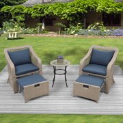 Outdoor Patio Furniture Sets, 5 Piece Wicker Patio Bar Set, 2pcs Arm Chairs, 2 Footstool&Coffee Table, Outdoor Conversation Sets for Backyard Lawn Poolside Garden, Natural Rattan, Blue Cushion, W11252