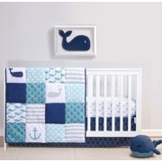 The Peanutshell, Nautical Whale Patchwork Crib Bedding Set for Baby Boy, 3 Piece Nursery Set, Microfiber