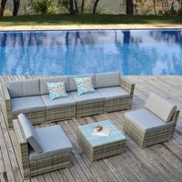 7 Piece Outdoor Patio Sofa Rattan Wicker Chair Sectional Furniture Set W/ Coffee Table &Cushion for Lawn, Backyard, and Poolside