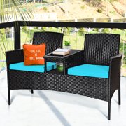 Costway Patio Rattan Conversation Set Seat Sofa Cushioned Loveseat Glass Table Chair RedTurquoise