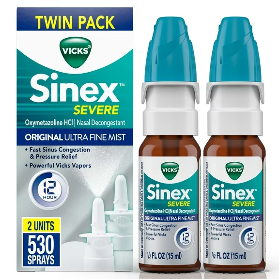 Vicks Sinex Severe Nasal Spray, Original Ultra Fine Mist, Decongestant Medicine, Sinus Relief, 265 Sprays, 2 Ct