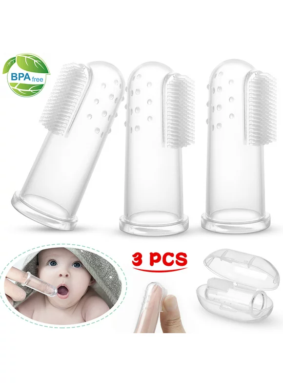 AMERTEER 3 PCS Baby Finger Toothbrushes Infant Toddlers Teeth Brushes Soft Baby Tongue Cleaners with Cases for Baby Oral Cleaning Tooth Training Supplies