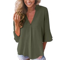 Womens Casual Chiffon Blouse Ruffle Sleeve Shirts Solid Color Loose V- Neck T Shirt