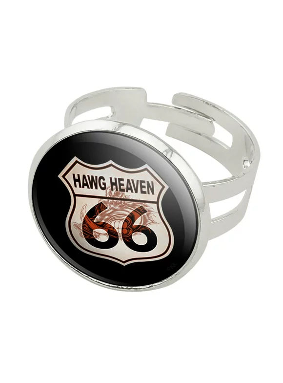 Hawg Heaven Route 66 Highway Hog Biker Motorcycle Silver Plated Adjustable Novelty Ring