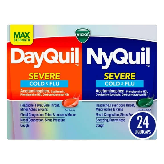 Vicks DayQuil and NyQuil Severe Cold and Flu Medicine Liquicaps, over-the-counter medicine, 24 Ct