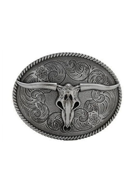 Men Silver Buckle Western Bull Skull Texas Long Horns Cow Filigree