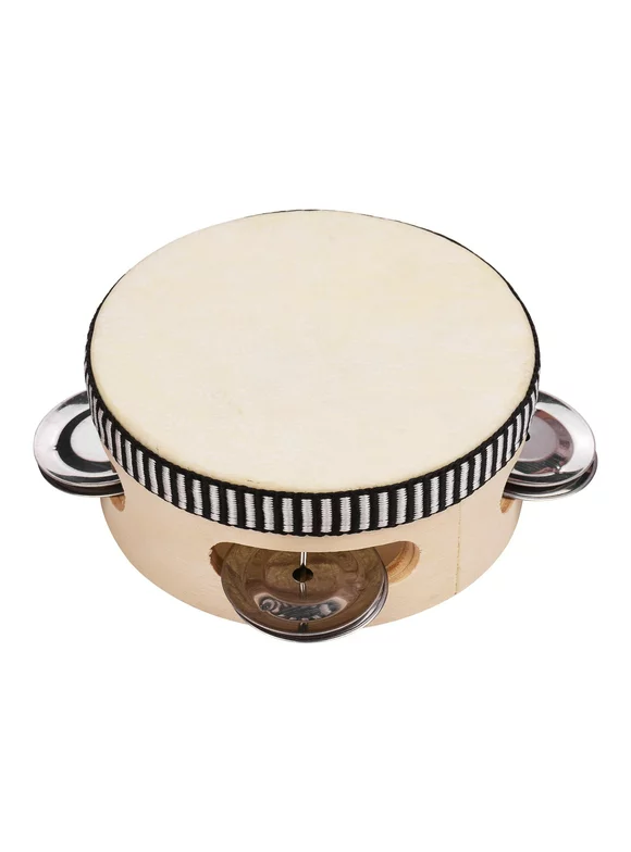 Dcenta 4 Inch Wooden Hand Tambourine with Metal Single Row Jingles Sheepskin Drum Skin Tambourines Entertainment Musical Timbrel for Adults Kids Dancine Singing Party