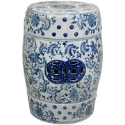 Oriental Furniture 18" Floral Blue & White Porcelain Garden Stool