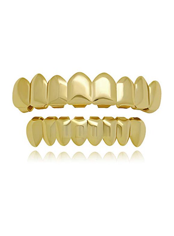 LuReen 8 Teeth Grillz 14k Gold Top and Bottom Grills Set Shiny Hip Hop Teeth Grillz + Extra Molding Bars