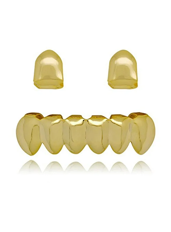 LuReen 14k Gold 2 PC Single Shiny Teeth Grillz 6 Bottom Grillz Set Hip Hop Teeth Grills