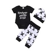 Dewadbow 3Pcs Newborn Baby Boy Clothes Letter Print Romper Tops+ Pants+Hat Outfits