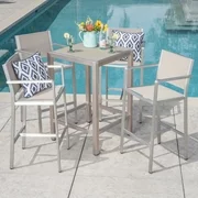 Tracy Outdoor 5 Piece Rust-Proof Aluminum Bar Set with Mesh Seats and Tempered Glass Top Bar Table, Silver and Grey