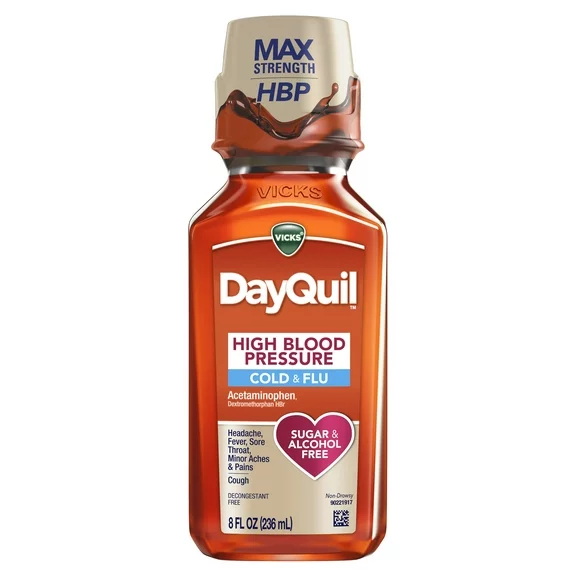 Vicks DayQuil High Blood Pressure Cold & Flu Relief Liquid Medicine, Over-the-Counter Medicine, 8 Oz