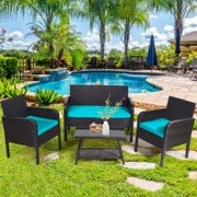 Gymax 4PCS Outdoor Rattan Furniture Set Patio Conversation Set w/ Turquoise Cushion