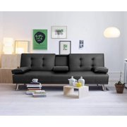 Walnew Futon Sofa Bed Modern PU Leather Couch Convertible Lounge Futon with Cupholders & Pillows, Black