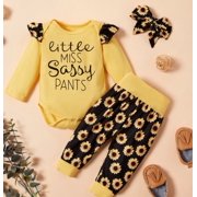 Newborn Baby Girls Floral Fall Outfit Long Sleeve Ruffle Romper Bodysuit Sunflower Leggings Pants Clothes 0-18 Months