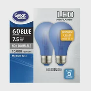 Great Value LED Light Bulb, 7.5 Watts (60W Equivalent) A19 Lamp E26 Medium Base, Non-dimmable, Blue, 2-Pack