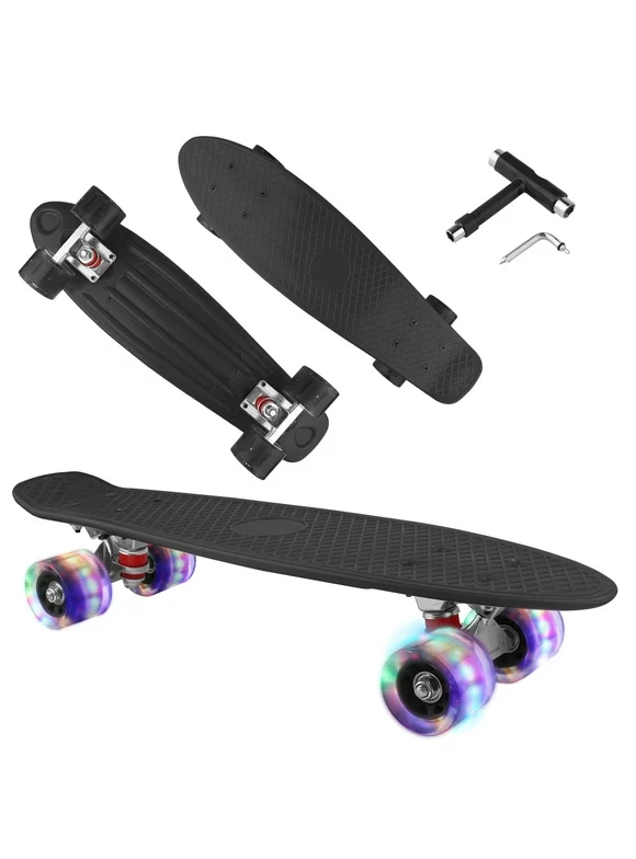 27" Complete Highly Flexible Plastic Cruiser Board Skateboards for Teens or Professional with High Rebound PU Wheels with LED Wheels, with All-in-One T-Tool (Black)