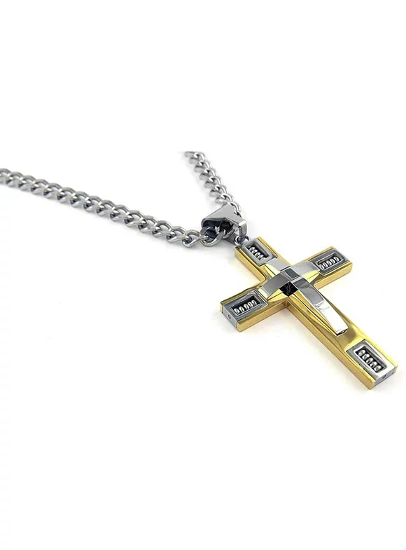 Savlano Stainless Steel Gold & Silver Color Cross Pendant 24 inch Cuban Chain Necklace for Men