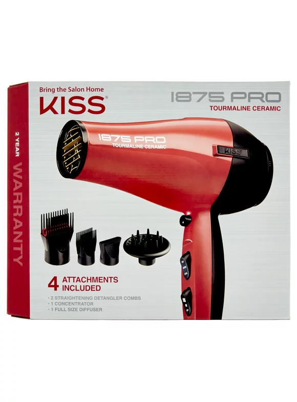 KISS Red Tourmaline Ceramic Hair Dryer with 4 Additional Styling Attachments, 1875 Watts, Red