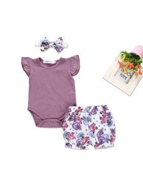 3-piece Baby / Toddler Ruffled Bodysuit, Floral Shorts and Headband Set