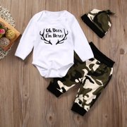 Newborn Kids Baby Boy Camouflage Clothes Tops Romper +Long Pants Hat Outfits Set