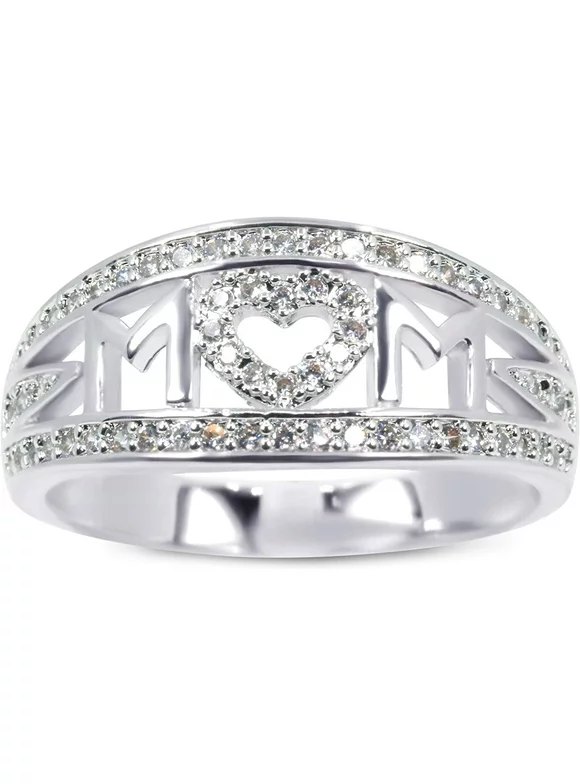 Savlano 18K White Gold Plated Cubic Zirconia Mom Heart Memorable Ring for Women & Girls