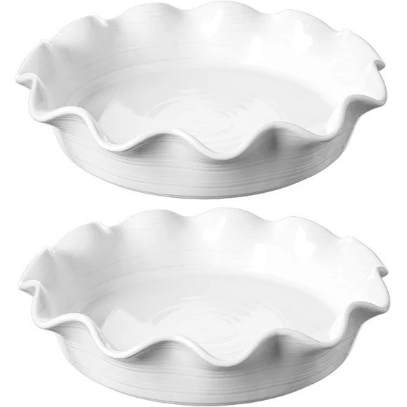 11-Inch Deep Dish Ceramic Pie Pan for Baking | Apple Pie, Pot Pie, Quiche | Ruffled Edge Design | Healthy Choice | 48 Ounce Baking Dish