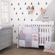 Little Love by NoJo Sweet Deer - Grey, Pink, White 3 Piece Nursery Crib Bedding Set with Comforter, Fitted Crib Sheet, Dust Ruffle