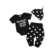 Dewadbow Newborn Toddler Baby Boy Letter Romper Bodysuit+Long Pants Hat Outfits Clothes