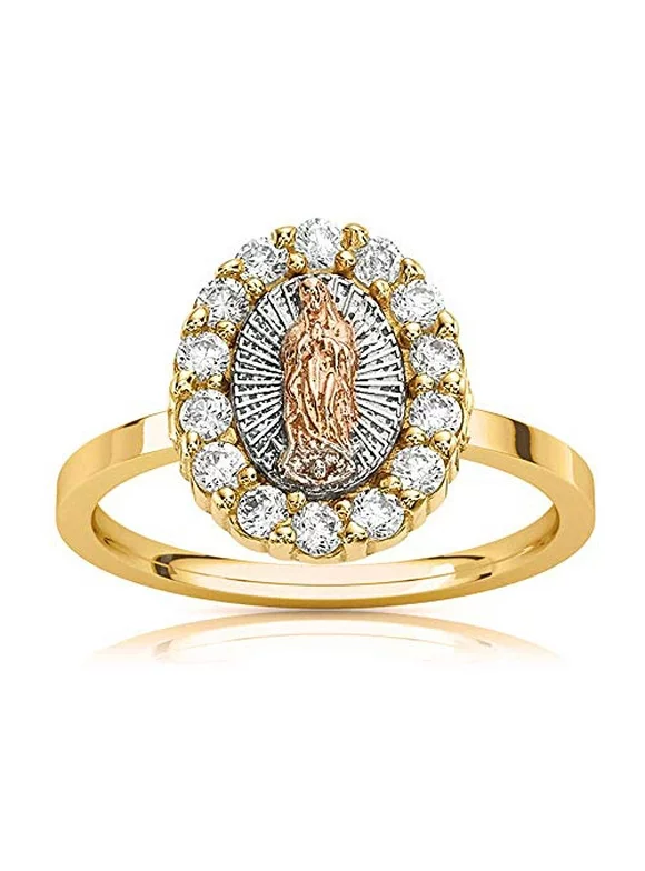 Savlano 18K Gold Plated White Yellow & Rose Three Color Lady of Guadalupe Virgin Mary with Round Cut Cubic Zirconia Women's Girl's Religious Ring Comes Gift Box