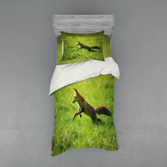 Fox Duvet Cover Set, Red Fox Jumping Running in Fresh Green Grass Daytime Nimble Clever Ferocious Canine, Bedding Set with Shams and Fitted Sheet, 3 Sizes, by Ambesonne