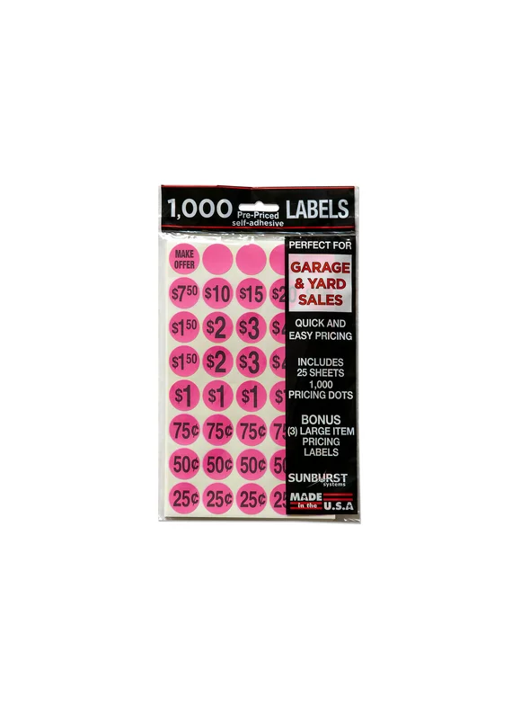 Sunburst Systems 7035 Pink Paper Price Labels for Garage, Yard or Estate Sales -1000 Count