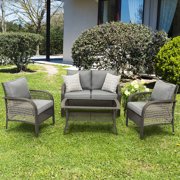 Outdoor Furniture Sets, 4 Piece Patio Wicker Conversation Set, Rattan Sofa with Coffee Table and Cushions, Gary