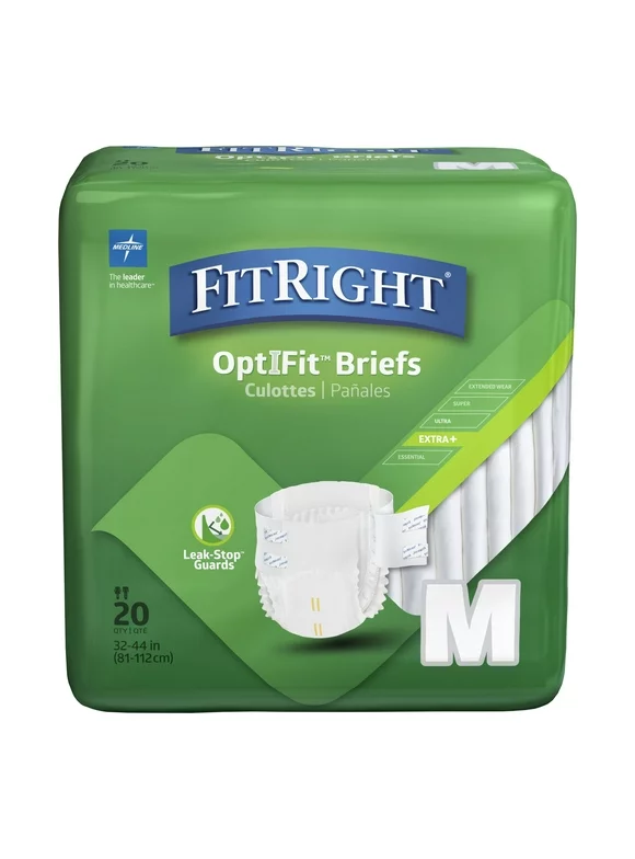 FitRight OptiFit Extra+ Briefs with Leak Stop Guards, Adult Disposable Briefs with Tabs, Medium, 32"-44", 20 Per Bag