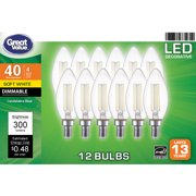 Great Value LED Light Bulb, 4 Watts (40W Equivalent) B10 Deco Lamp E12 Candelabra Base, Dimmable, Soft White, 12-Pack