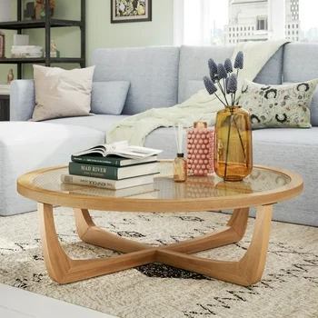 Beautiful Rattan & Glass Coffee Table with Solid Wood Frame by Drew Barrymore