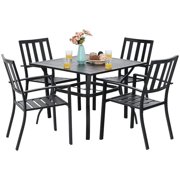 MF Studio 5 Piece Metal Patio Dining Sets Outdoor Club Bistro Bar Sets with 1.57” Umbrella Hole, 4 Garden Backyard Metal Chairs and Larger Square Patio Table, Steel Slat Frame, Black
