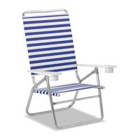 Set of 2 Telescope Casual Light 'N Easy High Boy Folding Beach Arm Chairs With Marine Grade Polymer Arms With Cup Holders With Blue/White Stripe Fabric
